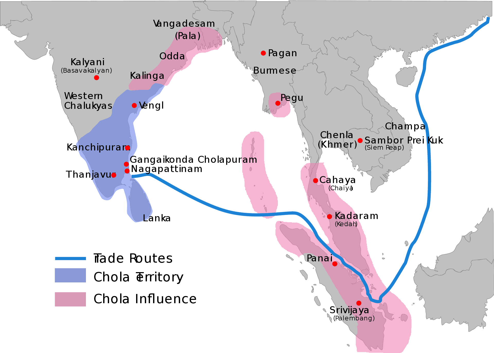 Map showing the greatest extent of the Chola empire c. 1030, shaded in blue represent conquered territories, shaded in pink shows areas influenced by Chola.