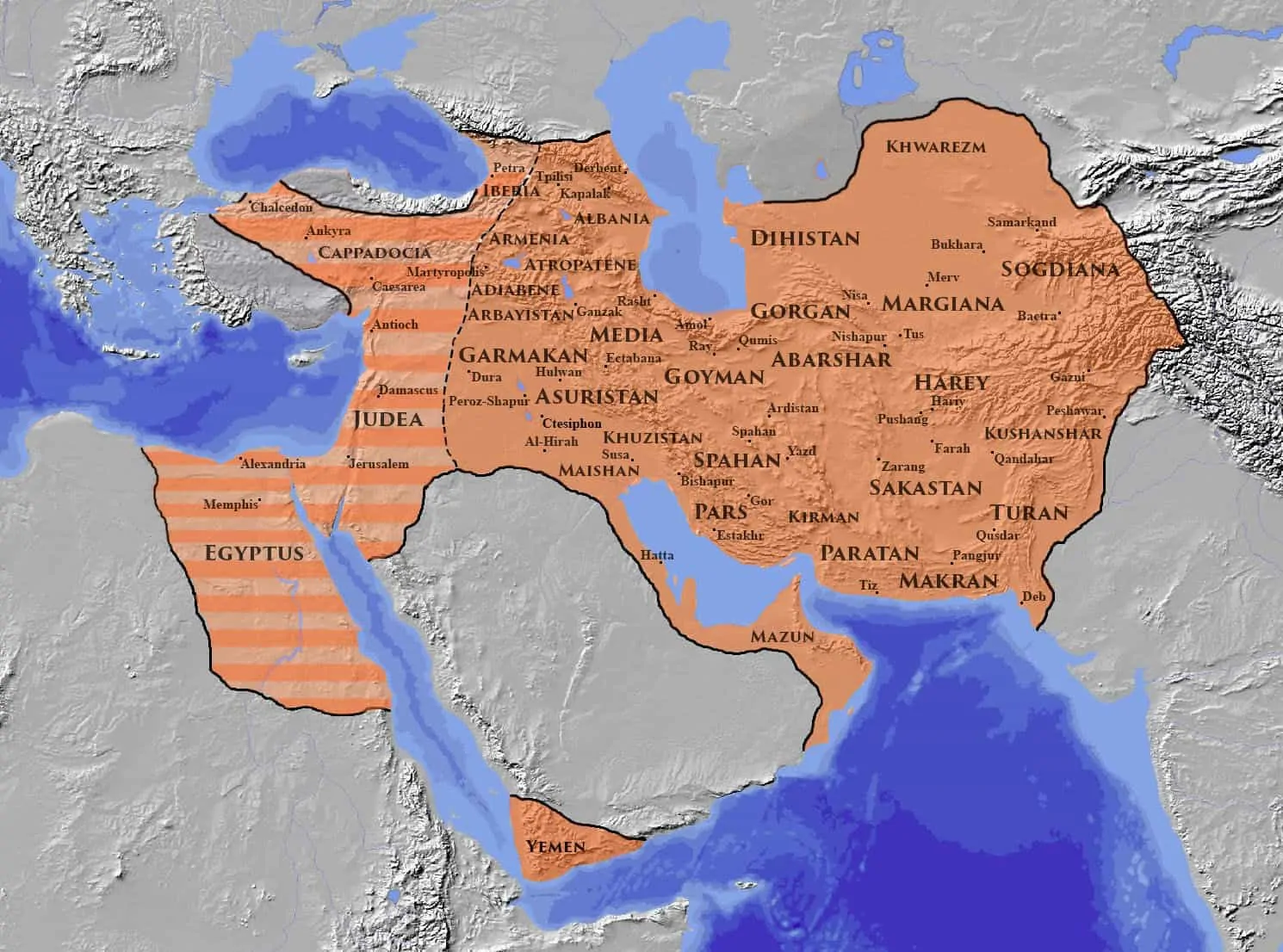 The Sasanian Empire at its greatest extent c. 620, under Khosrow II