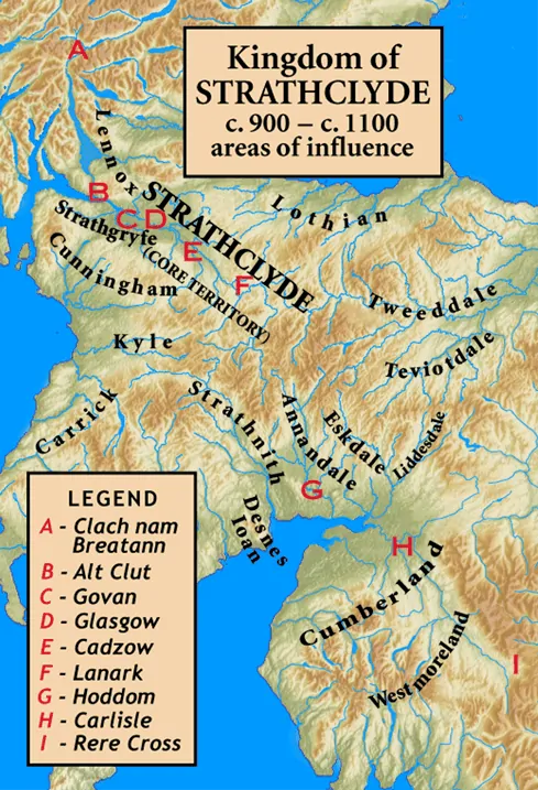 The core of Strathclyde is the strath of the River Clyde. The major sites associated with the kingdom are shown, as is the marker Clach nam Breatann