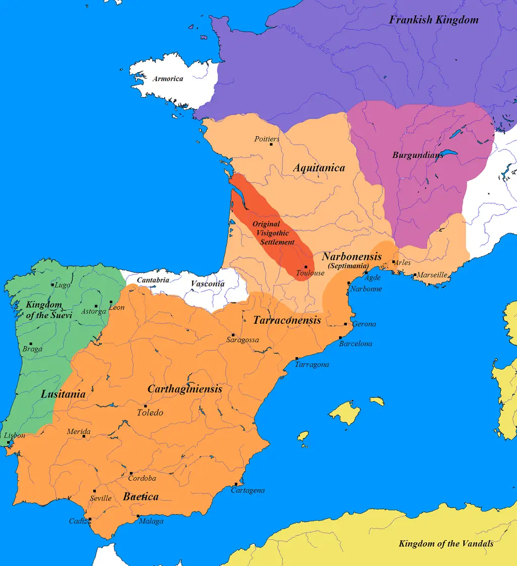 Greatest extent of the Visigothic Kingdom, c. 500 (Total extension shown in orange. Territory lost after Battle of Vouillé shown in light orange).